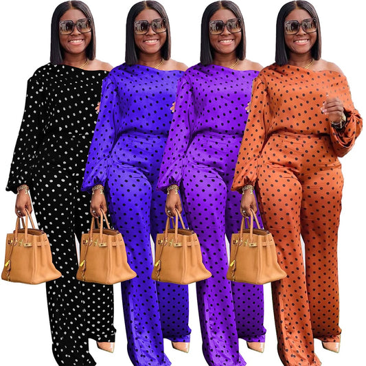 Dot Print Slash Neck Long Sleeves Loose Wide Leg Pants & Top Set