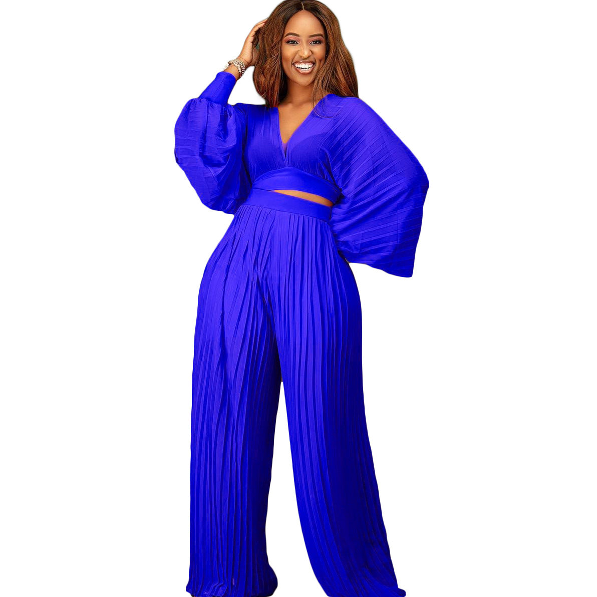 Two Piece Crop Long Sleeves V Neck Top & High Waist Pleated Wide Leg Pant Set