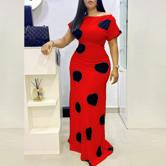 Elegant Off Shoulder Polka Dot Print Maxi Dress