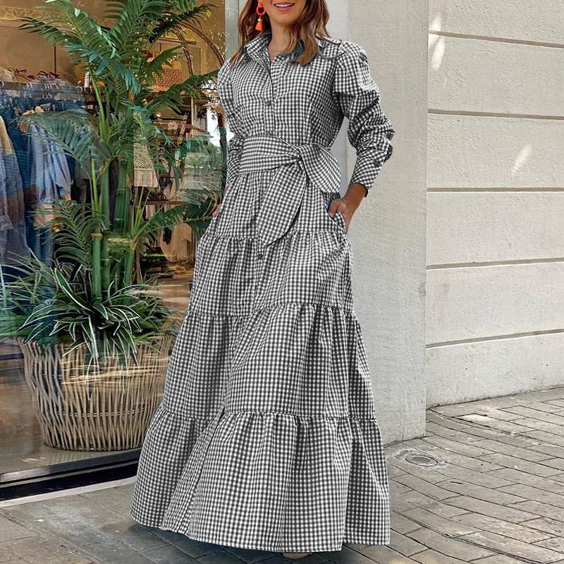 Casual Lapel Button Vintage Belted Printed Dress