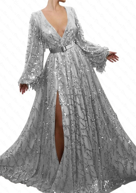 Gold Sequins Lace Long Sleeves Formal Dress