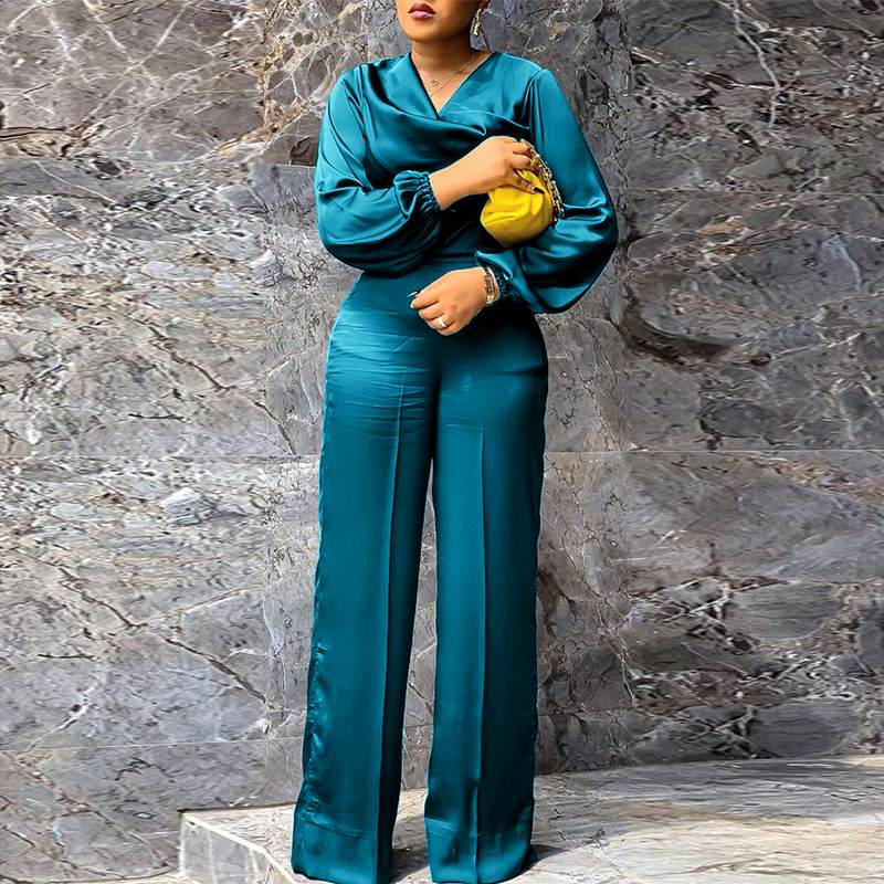 V Neck Puff Sleeve Casual Wide Leg Palazzo Pants Jumpsuit