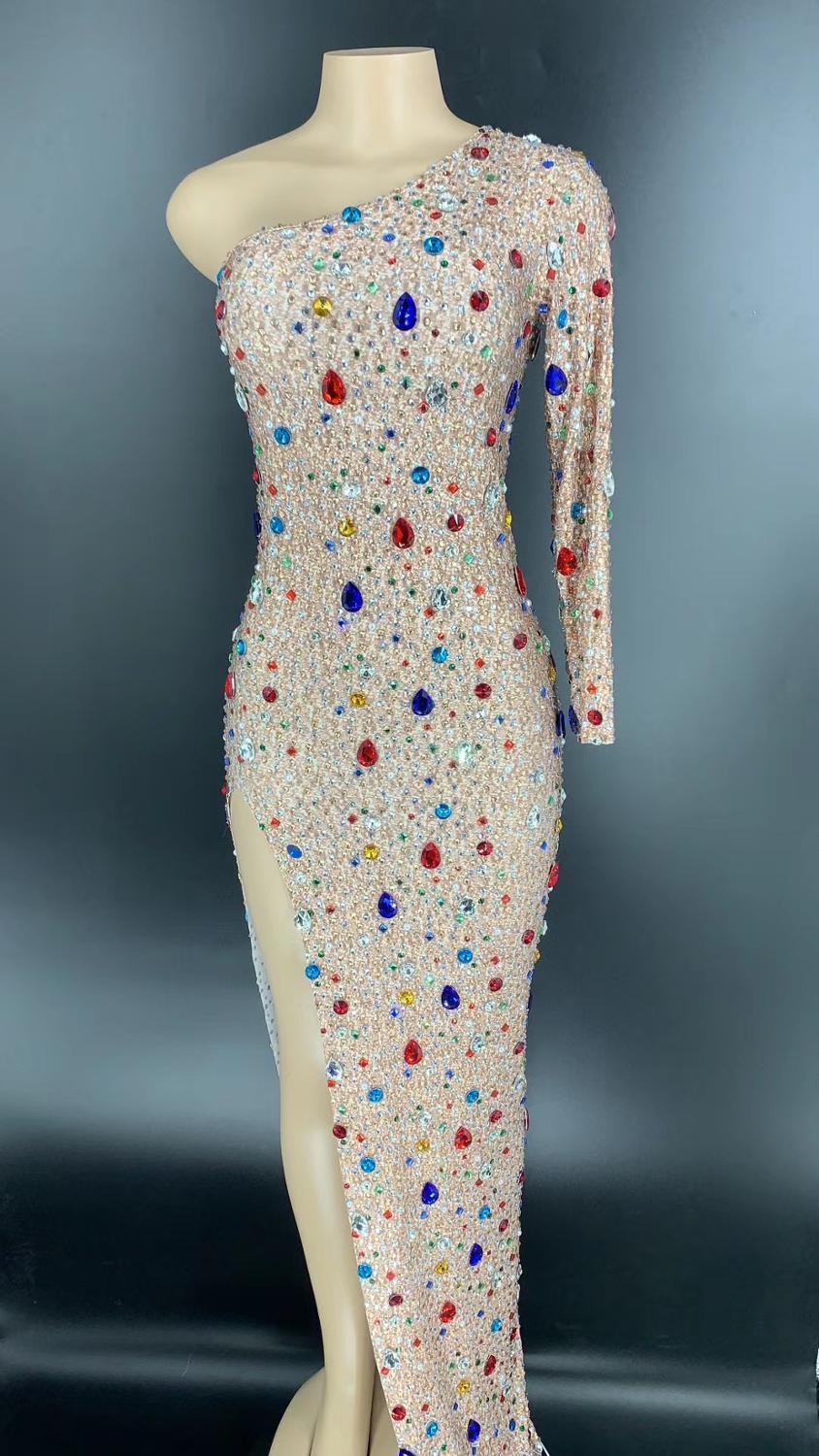 One Shoulder Crystals Spandex Long Dress