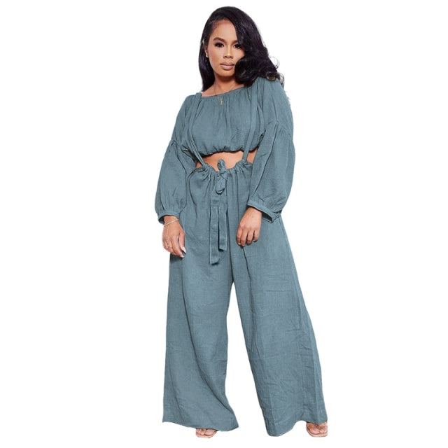 Two Piece Crop Top & Spaghetti Strap Overalls Wide Leg Pant Sets