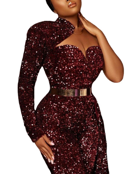 Tube Top Low Cut Sequin High Waist Tail Jumpsuit