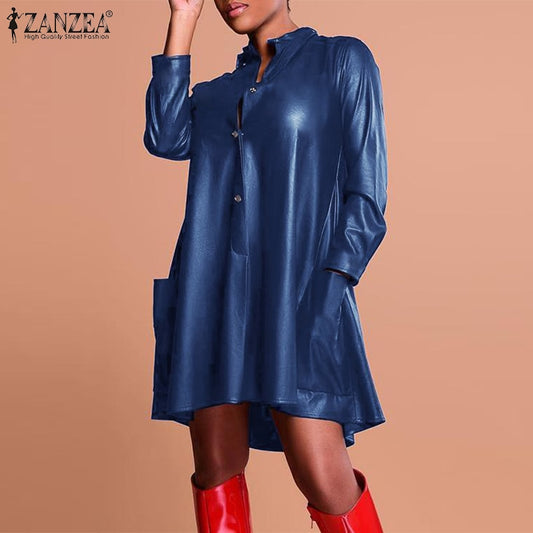 Long Sleeve O Neck Vintage PU Leather Kaftan Dress