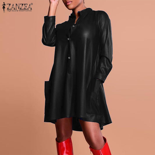 Long Sleeve O Neck Vintage PU Leather Kaftan Dress