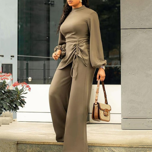 O Neck Long Lantern Sleeve High Waist Patchwork Loose Jumpsuit