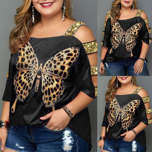 Vintage Hollow Sleeve Off Shoulder Butterfly Printed Tunic Tee Top