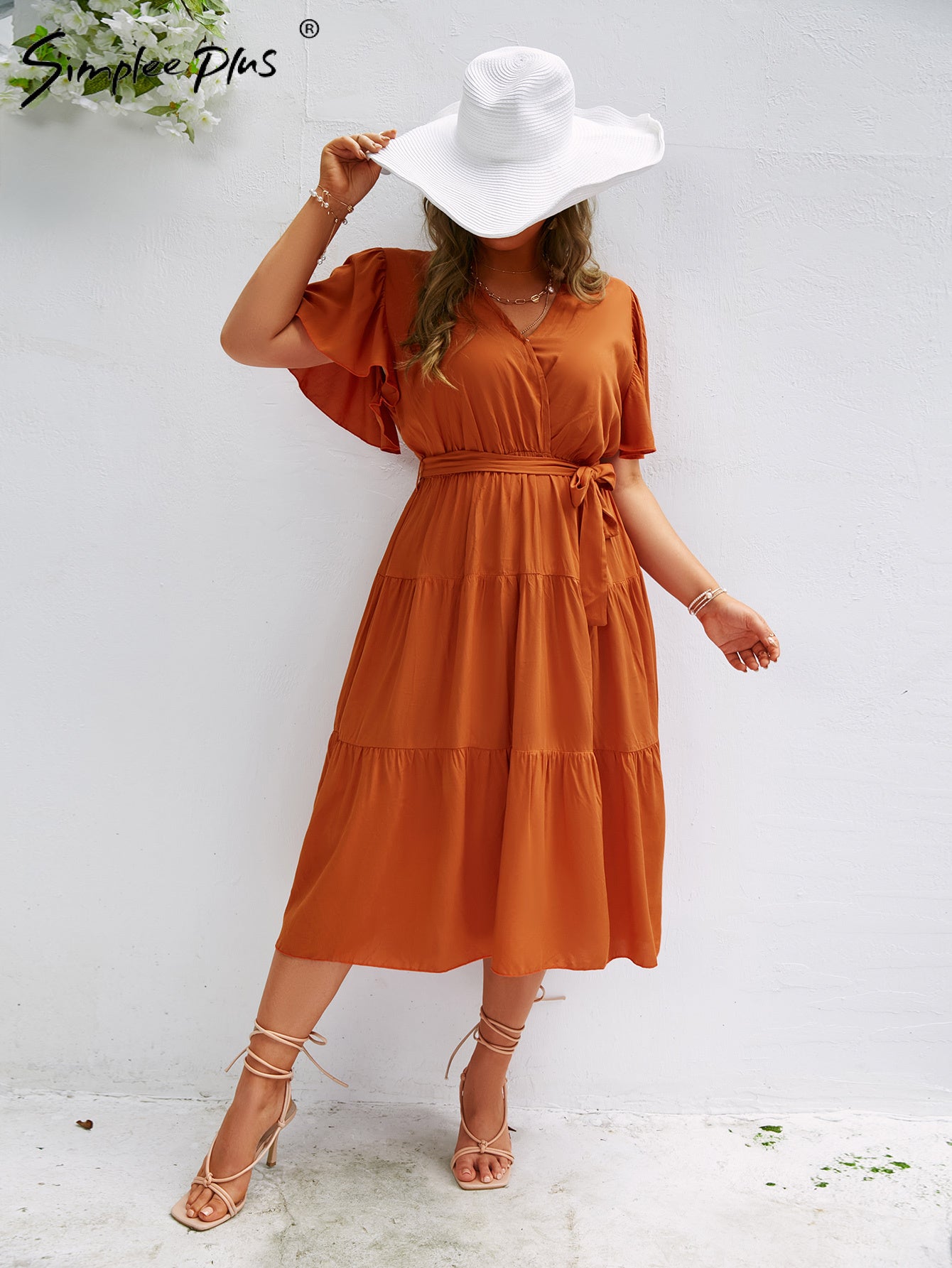 V-neck Flare Sleeve Ruffled With Belt High Waist Dress