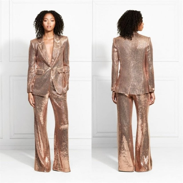 Sequins Single Breasted Pants Suit