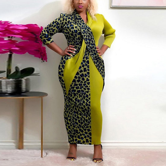 Leopard Printed V Neck Full Sleeve Bodycon Elegant Dress