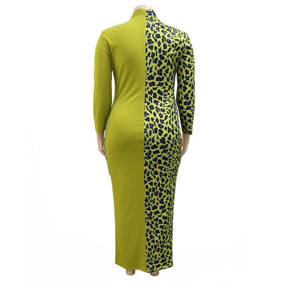 Leopard Printed V Neck Full Sleeve Bodycon Elegant Dress