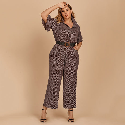 Ruffle Sleeve Print High Waist Casual Wide Leg Jumpsuit Without Belt