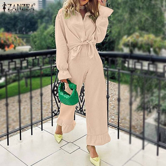 Lapel Neck Long Sleeve Ruffles Blouse Casual Loose Pants Sets