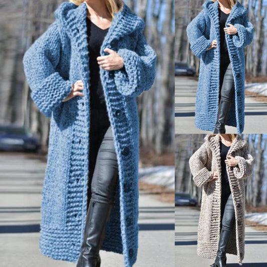 Button Down Long Sleeve Hooded Mid-Length Knit Sweater Cardigan