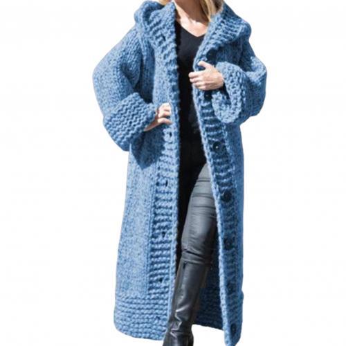 Button Down Long Sleeve Hooded Mid-Length Knit Sweater Cardigan