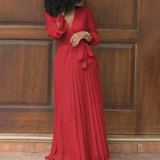 Deep V Neck Long Sleeve High Waist Pleated Maxi Dress