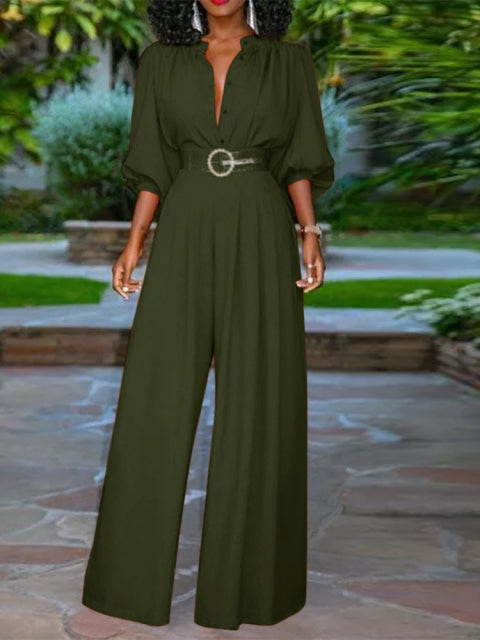 V-Neck Wide Leg Pants Long Pleated Jumpsuits