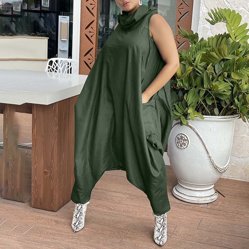 Vintage Retro Stacking High Collar Sleeveless Dropped Crotch Jumpsuit