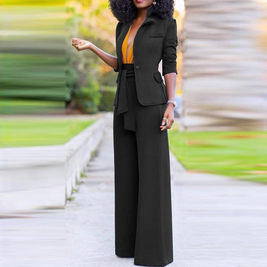 Office Blazer Turn-down Collar High Waist Pants With Belt Palazzo Pants Suit Set