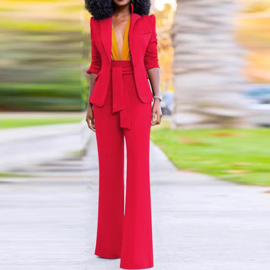 Office Blazer Turn-down Collar High Waist Pants With Belt Palazzo Pants Suit Set