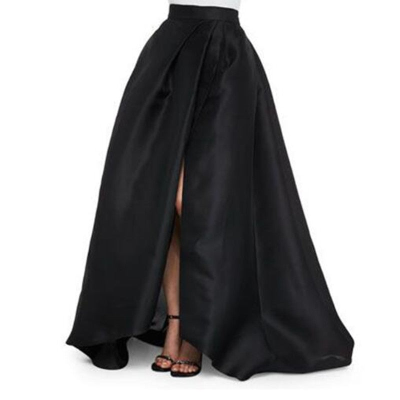 Pleated High Waist Slit Satin Floor Length Maxi Skirt