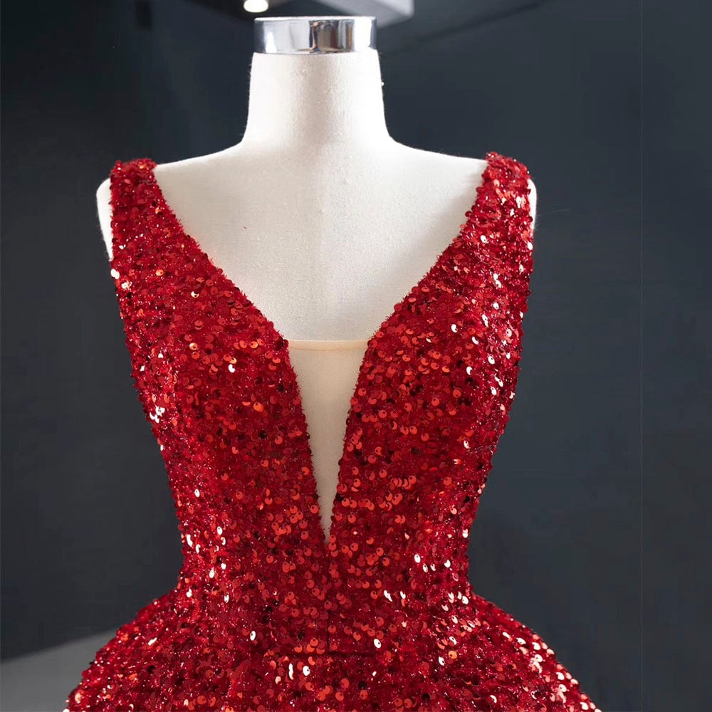 Red Sequin V-Neck High & Low Evening Gown