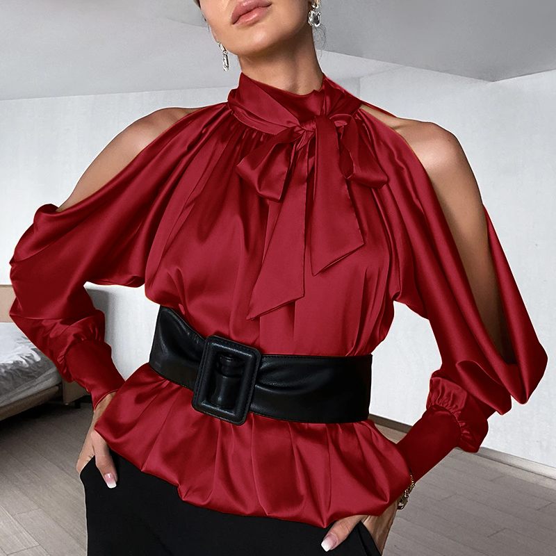 Puff Sleeve High Neck Pleated Bow Blouse