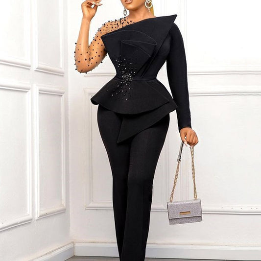 Evening Elegant Mesh Beading High Waisted Jumpsuit