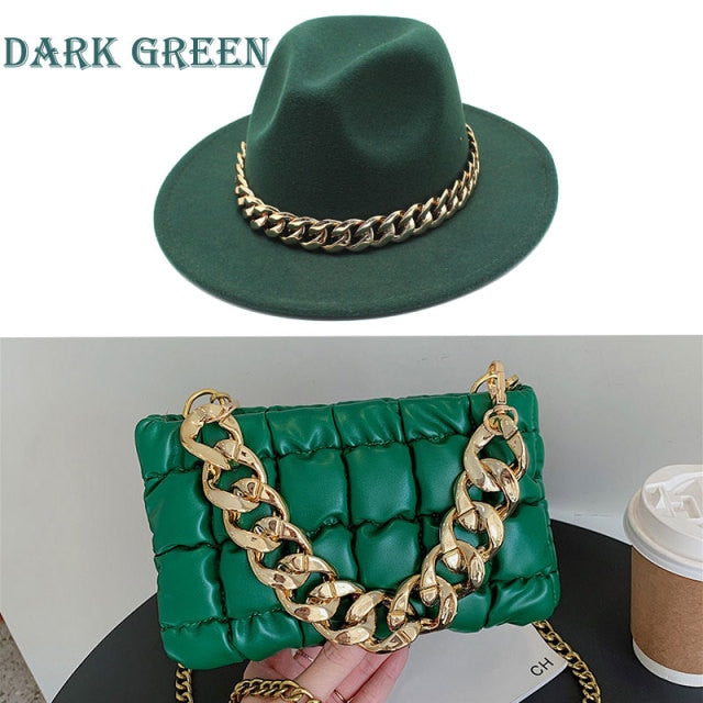Double Color Chain Fedoras Hat And/Or Jazz Cap Chain Leather Bag