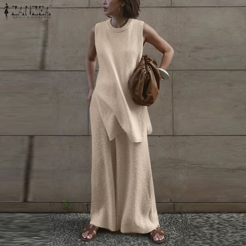 Sleeveless Knitted Top & Wide Leg Pants Sets