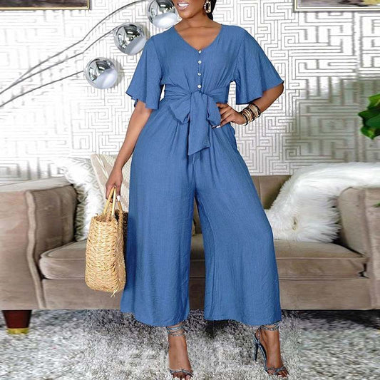 Denim Button Up Wide Leg V Neck Jumpsuit