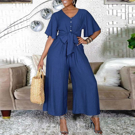 Denim Button Up Wide Leg V Neck Jumpsuit