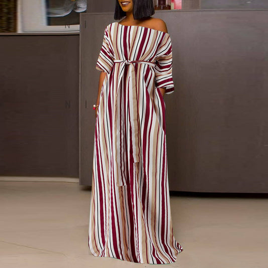 Off Shoulder Striped Casual Bandage Waist Maxi Dress