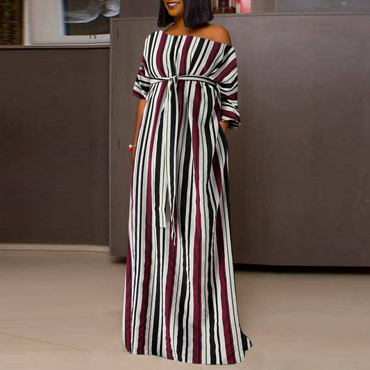 Off Shoulder Striped Casual Bandage Waist Maxi Dress