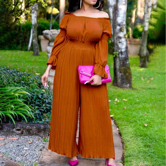 Off-shoulder Elastic Waist Pleated Wide-leg Pants Jumpsuit