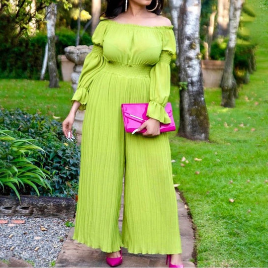 Off-shoulder Elastic Waist Pleated Wide-leg Pants Jumpsuit