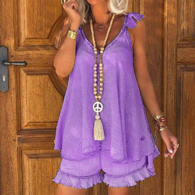 Ruffle Strap Sleeve Two Piece V Neck Vest Tops and Short Set