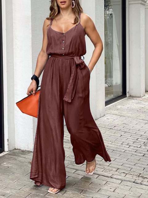 Spaghetti Straps Wide Leg Casual Elastic Waist with Belt Jumpsuits