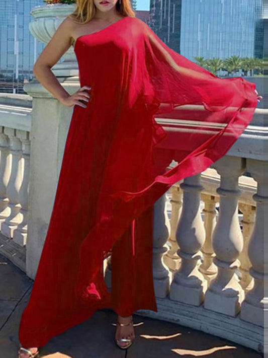 One Shoulder Sleeveless Elegant Covering Wide Leg Jumpsuit