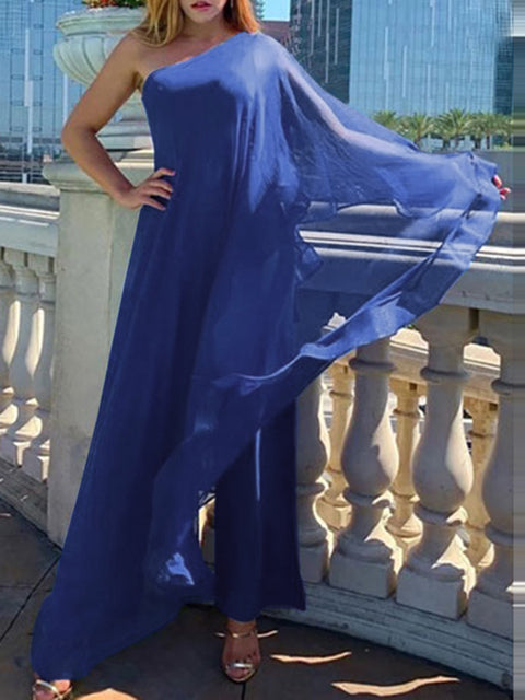 One Shoulder Sleeveless Elegant Covering Wide Leg Jumpsuit