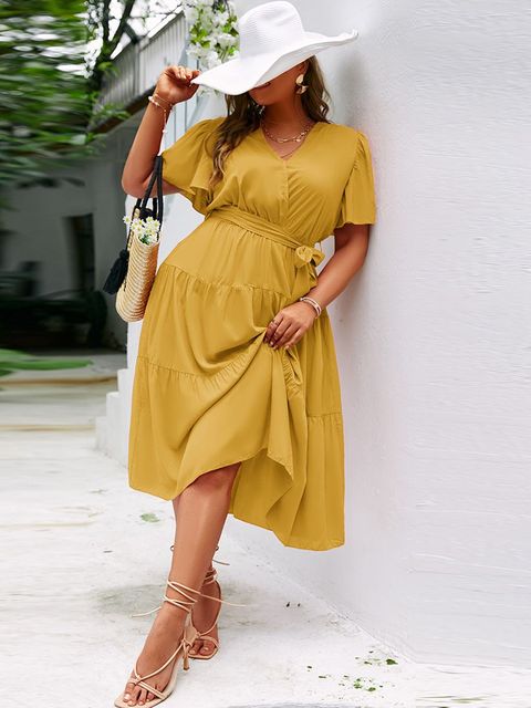 V-neck Flare Sleeve Ruffled With Belt High Waist Dress