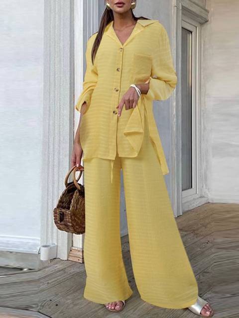 Button Down Lapel Collar Top and Wide Leg Long Pant Set