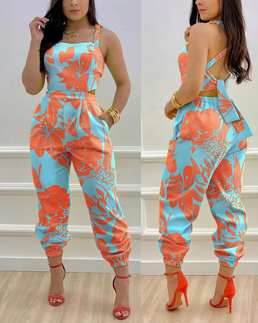 Sleeveless Print Square Neck Hollow-Out Backless Jumpsuit