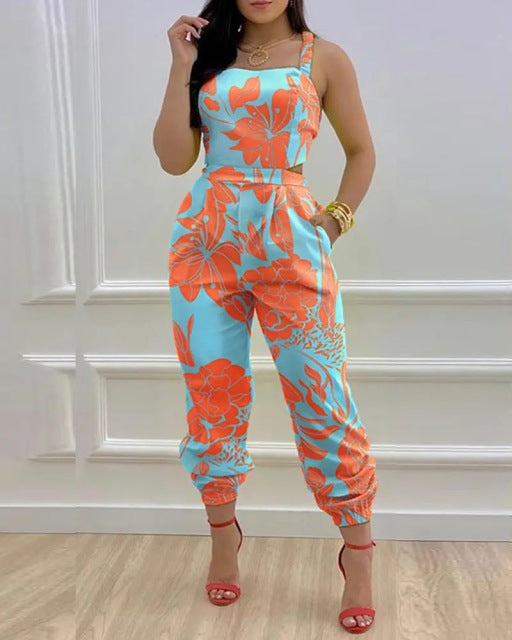 Sleeveless Print Square Neck Hollow-Out Backless Jumpsuit