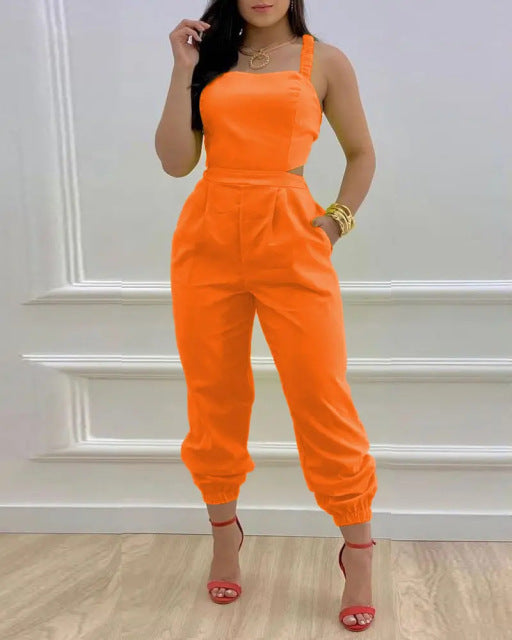 Sleeveless Print Square Neck Hollow-Out Backless Jumpsuit