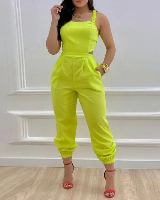 Sleeveless Print Square Neck Hollow-Out Backless Jumpsuit