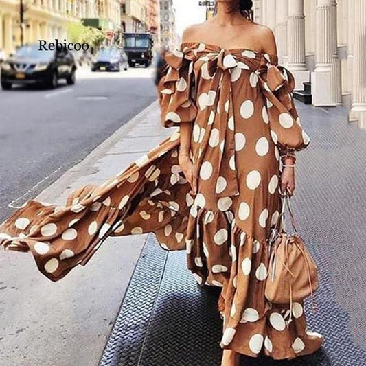 Off Shoulder Polka Dot Maxi Dress