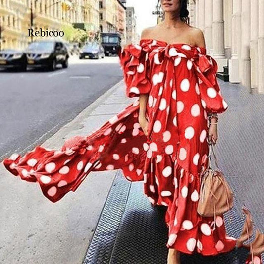 Off Shoulder Polka Dot Maxi Dress